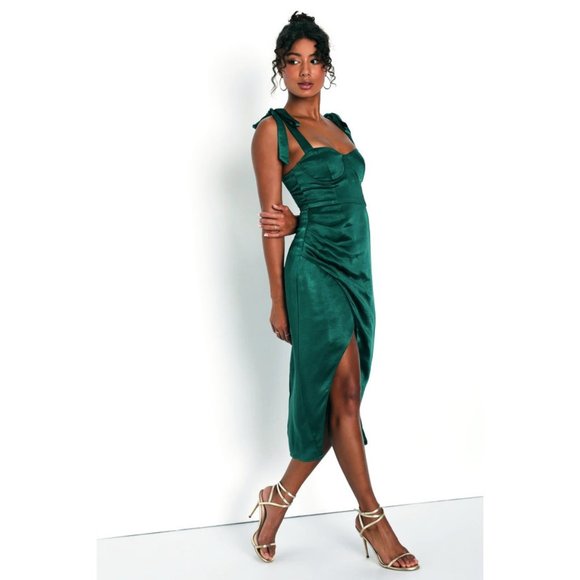 Lulus Graceful Sophistication Satin Midi Dress w/Tulip Skirt & Shoulder Ties - Picture 2 of 6